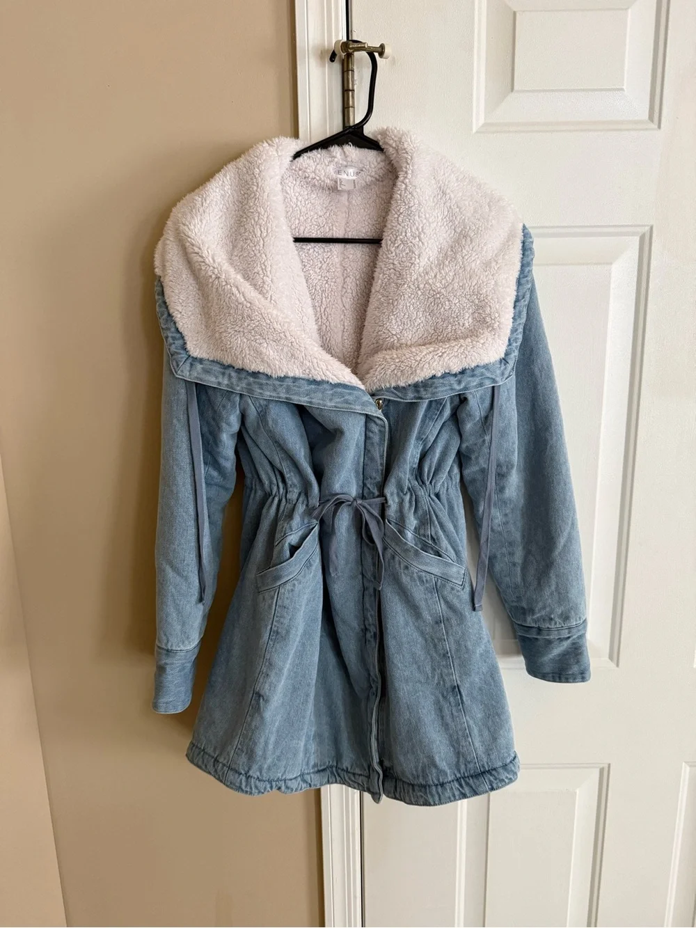 Venus Women’s Light Blue Denim Parka with Cream Sherpa Collar